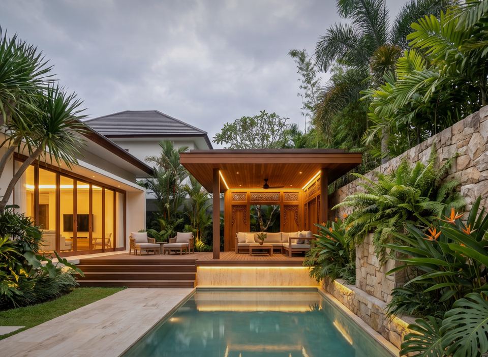 Halaman belakang & kolam, N–01 Rumah Tinggal Tropis