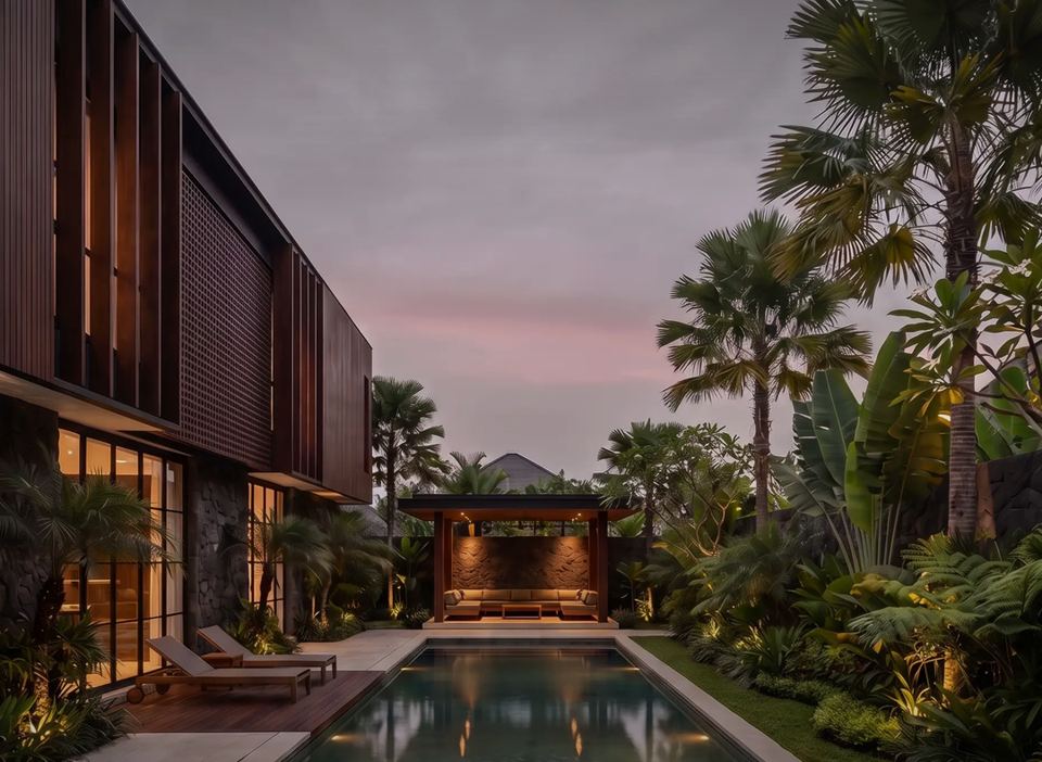 Halaman belakang & kolam, N–10 Rumah Tinggal Tropis